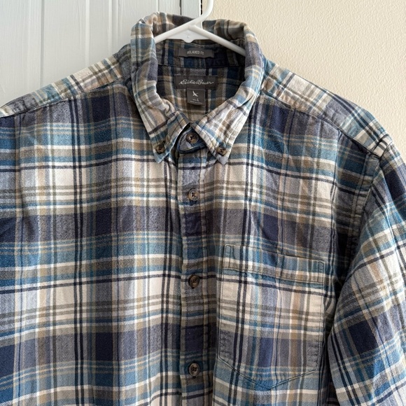 Eddie Bauer Button Down Shirt Men's Large Blue Plaid Flannel Cotton Long Sleeve - Picture 3 of 8